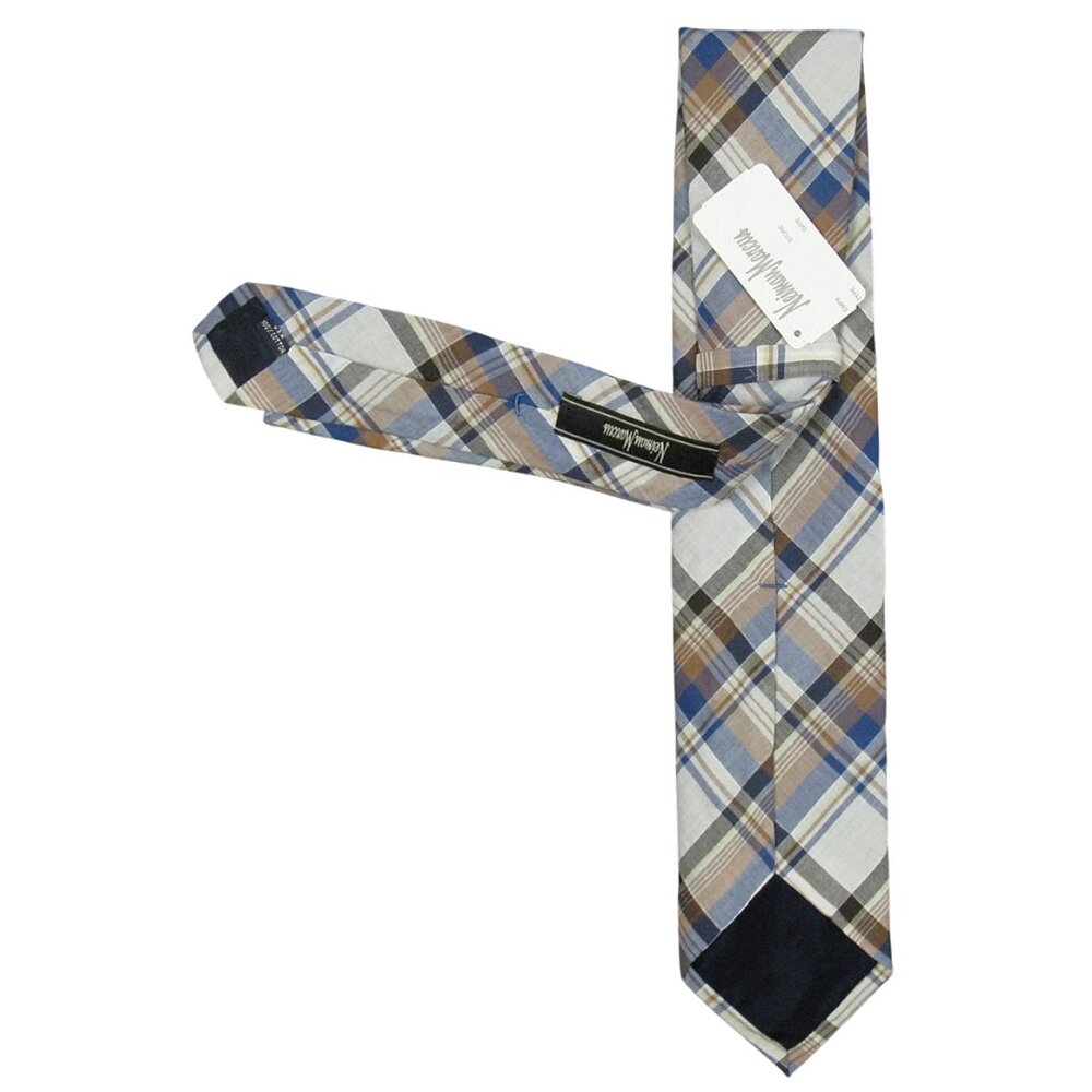 NEW Handsome Neiman Marcus Cotton Tie!  Brown Blue & White Plaid  Made in USA